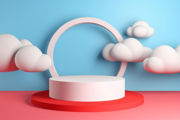 Rendu 3D abstrait rouge ensoleillé avec nuages blancs et trou rond bleu