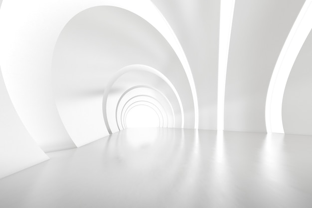 Rendu 3d abstrait de la salle vide du tunnel en arc futuriste avec lumière sur le mur. Concept de science-fiction.