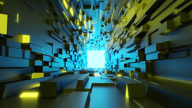 Rendu 3D Abstrait scifi Arrière-plan futuriste moderne avec le couloir du tunnel vers la sortie