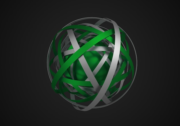 Rendu 3d abstrait de la sphère avec des anneaux dans l'espace vide. Forme futuriste. Fond surréaliste.