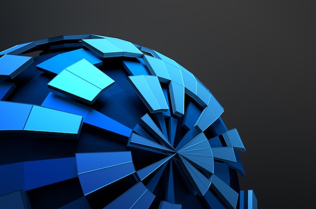 Rendu 3d abstrait de la sphère bleue low poly avec structure chaotique