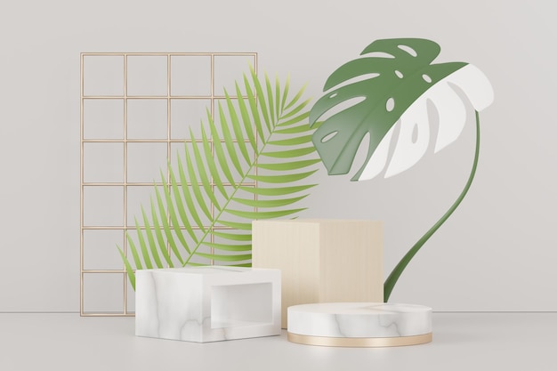 Photo rendu 3d d'un affichage de podium de piédestal abstrait avec des feuilles de monstera tropicales. concept de produit et de promotion pour la publicité. fond naturel vert.