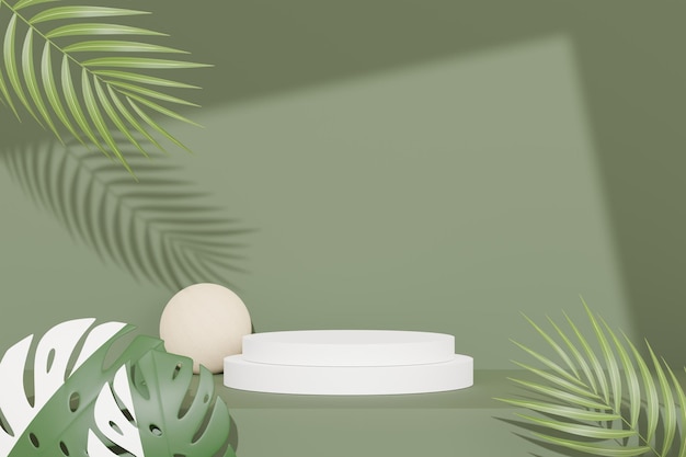 Rendu 3D d'un affichage de podium de piédestal abstrait avec des feuilles de Monstera tropicales. Concept de produit et de promotion pour la publicité. Fond naturel vert.