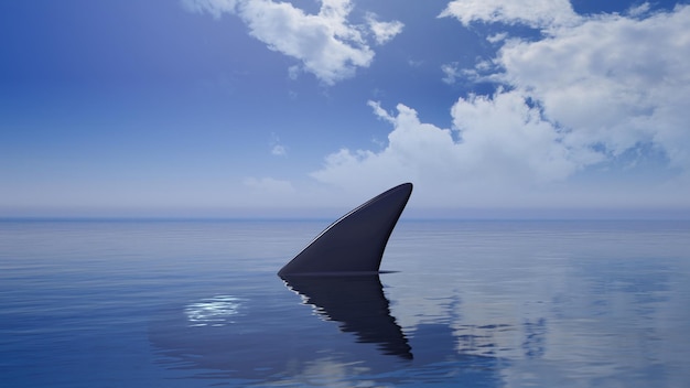 Rendu 3D d'aileron de requin au-dessus de l'eau avec fond de ciel bleu