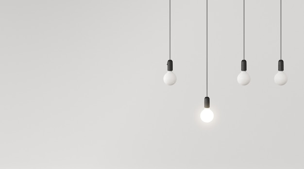 Rendu 3D d'ampoule suspendue sur un mur blanc.