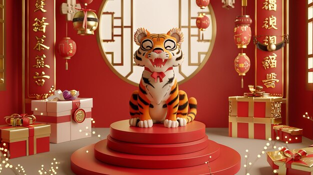 Photo un rendu 3d animé d'un tigre assis sur un podium devant beaucoup d'argent et de cadeaux derrière un couplet écrit au printemps orne le tracé de fenêtre chinois semi-circulaire en arrière-plan