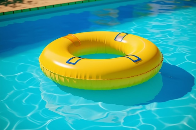 Photo rendu 3d de l'anneau gonflable jaune dans la piscine avec de l'eau bleue