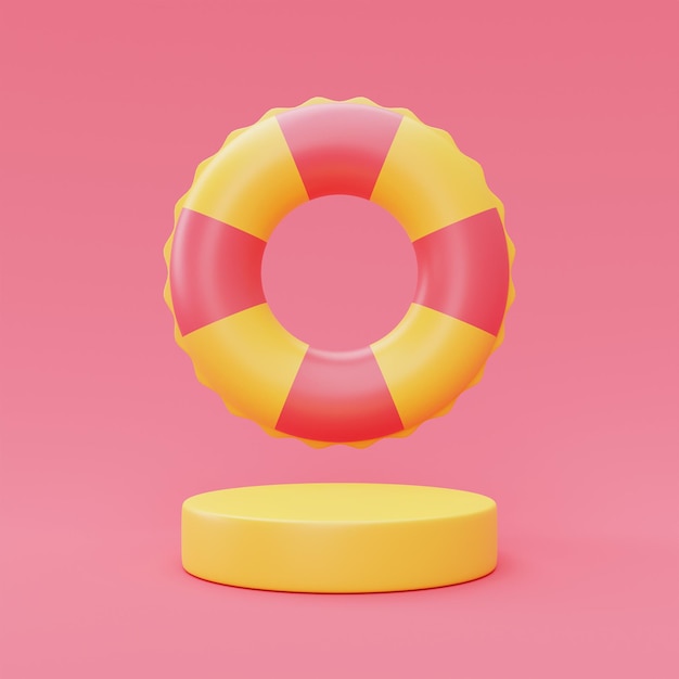 Rendu 3d de l'anneau de natation gonflable avec affichage du podium isolé sur fond roseconcept de vacances d'étééléments d'étéstyle minimalrendu 3d