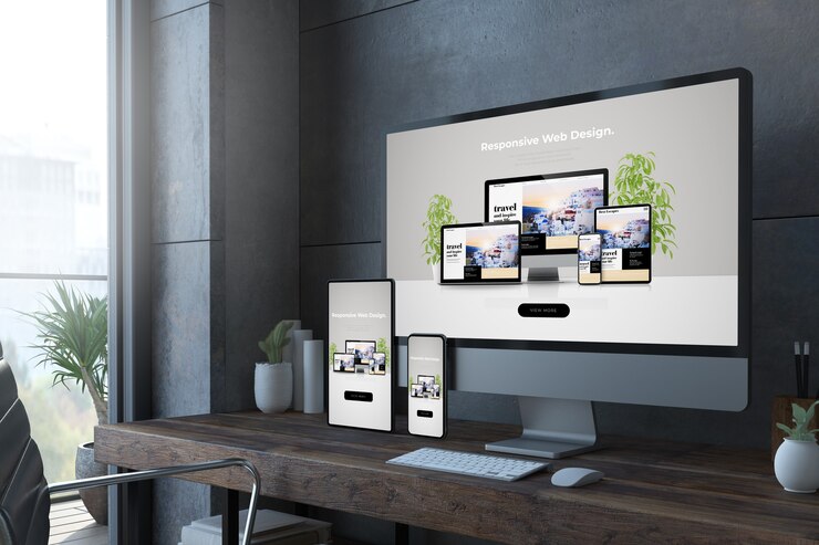 Photo rendu 3d des appareils de bureau réactifs avec site web