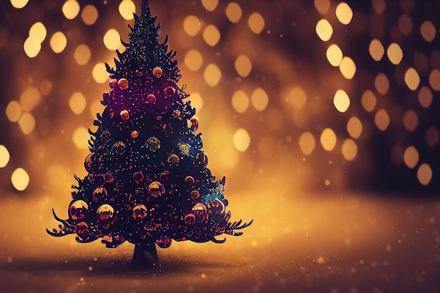 Photo rendu 3d de l'arbre de noël avec une image couleur dorée avec une lumière bokeh de guirlande de nuit