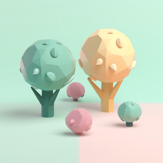 Un rendu 3d d'arbres aux formes roses et vertes.