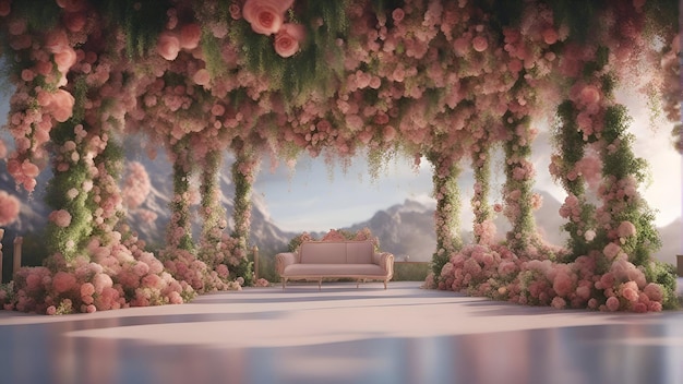 Rendu 3D d'une arche de mariage florale avec un canapé et des fleurs