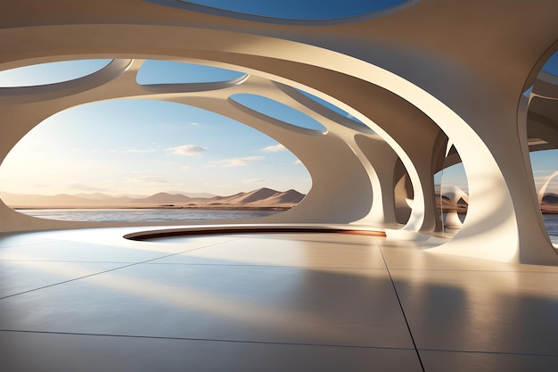 Rendu 3D d'une architecture futuriste abstraite avec sol en béton vide