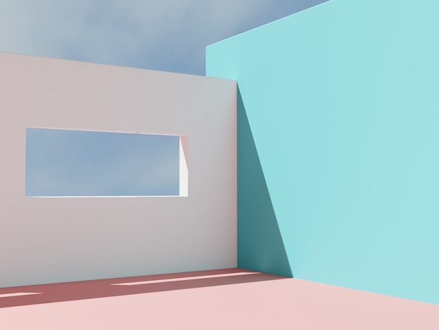 Rendu 3D Arrière-plan d'affichage de produit architectural minimal avec un contraste élevé et des couleurs vives Plancher et mur turquoise méditerranéen rose et blanc avec fond de ciel de fenêtre