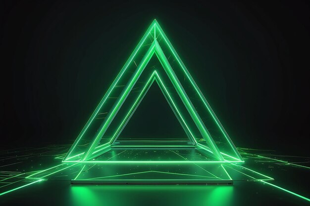 Rendu 3D Arrière-plan au néon vert abstrait avec des rayons laser de forme triangulaire et des lignes lumineuses