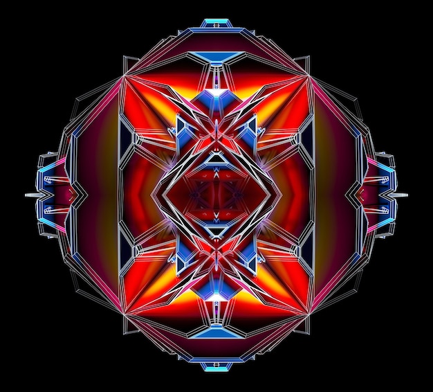Rendu 3D de l'art abstrait avec une boîte secrète extraterrestre surréaliste ou un mécanisme cubique fractal avec des pointes acérées dans la structure filaire en métal mat en rouge jaune et bleu clair à l'intérieur sur fond noir