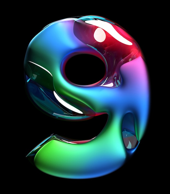 Rendu 3D de l'art abstrait du numéro surréaliste 3d numéro neuf 9 en forme ondulée de courbe organique en matière plastique mate avec des pièces en verre en dégradé bleu vert et rose sur fond noir