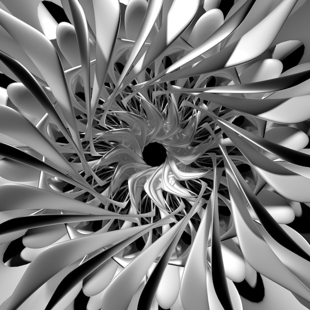 Rendu 3D de l'art abstrait monochrome noir et blanc avec une partie de la fleur en spirale fractale surréaliste