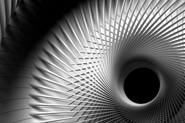 Rendu 3D de l'art monochrome noir et blanc abstrait avec une partie industrielle de fond 3D de turbine