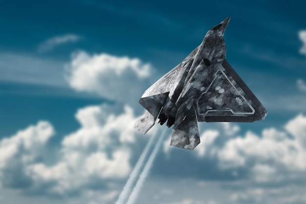 Rendu 3D d'un avion de chasse de combat moderne de 5e ou 6e génération contre un ciel bleu Combat aviation Air Force nouvelles technologies graphiques photoréalistes techniques mixtes