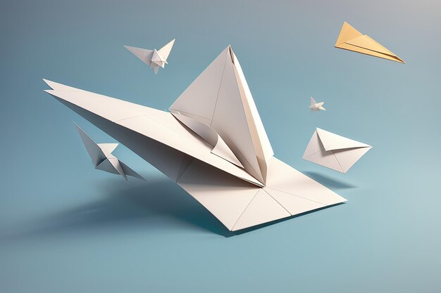 Rendu 3D d'un avion en papier avec une enveloppe volante