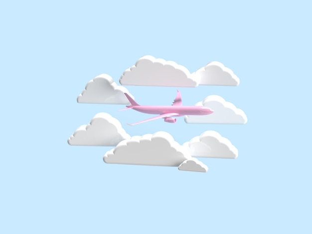 Rendu 3d Un avion rose vole entouré de nuages blancs Vue latérale Style de dessin animé