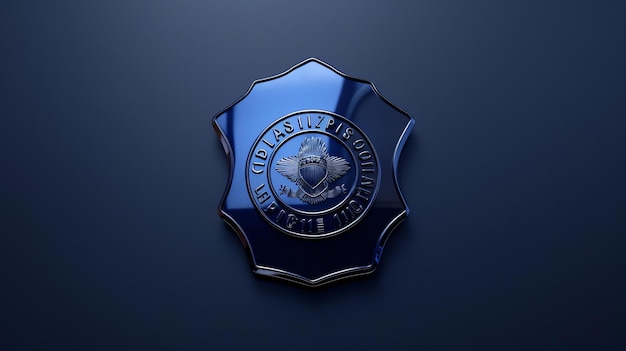 Photo un rendu 3d d'un badge de police bleu brillant avec un dessin en forme d'étoile le badge a les mots cidlaszipso et lepicie 110 écrits dessus