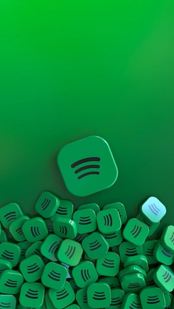 Rendu 3D d'un badge Spotify entouré d'autres badges plus petits. Prise de vue verticale.