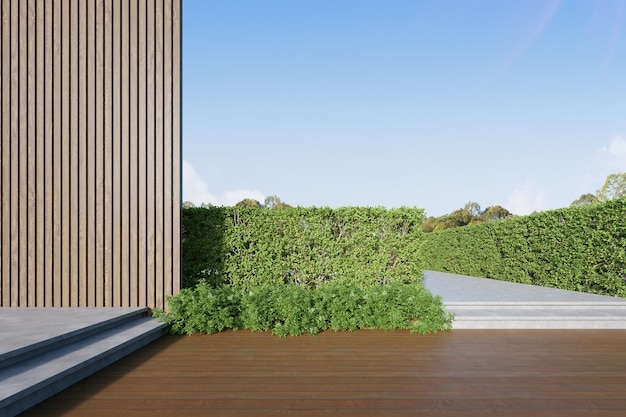 Rendu 3D d'un balcon extérieur en bois et d'une haie de jardin