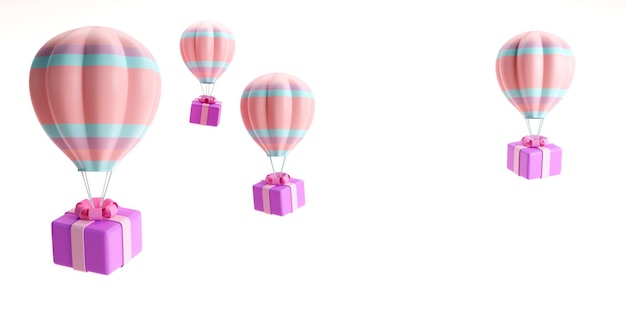 Rendu 3D de ballon à air chaud couleur volant avec une boîte-cadeau sur fond blanc