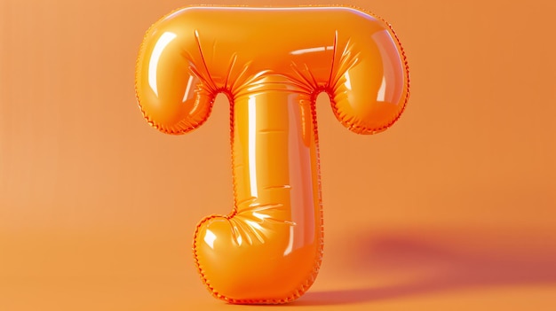 Photo un rendu 3d d'un ballon orange gonflé en forme de lettre t le ballon est sur un fond orange et a une surface réfléchissante brillante