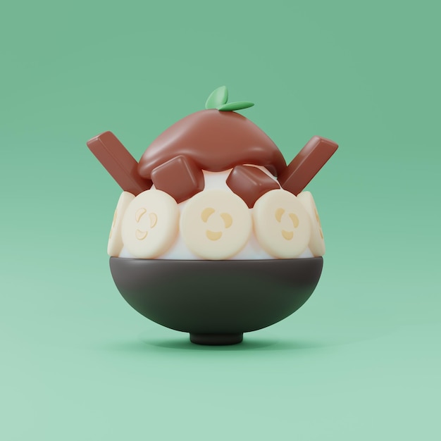 Rendu 3D de la banane au chocolat bingso désert de glace pilée coréenne asiatique pour l'été rafraîchissant style de dessin animé de rendu 3d