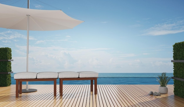 Rendu 3D banc en bois aire de repos extérieure piscine villa haut luxe vue sur la mer bleu mer et ciel été