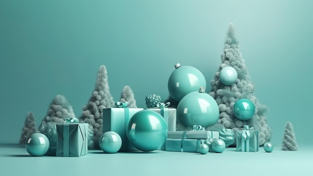 Rendu 3d bannière de Noël sapin fond bleu clair avec des coffrets cadeaux emballés Generative Ai