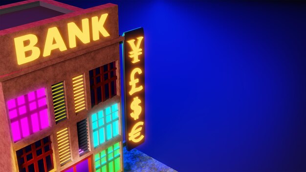 Rendu 3D d'un bâtiment de banque sur fond sombre avec une enseigne au néon et des signes monétaires