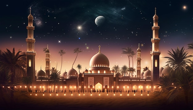 Rendu 3D Beau fond islamique brillant avec modèle d'éléments islamiques