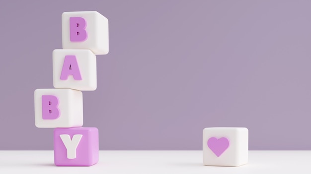 Rendu 3d beau fond rose avec des cubes et des lettres bébé pour invitation de douche de bébé pour fille