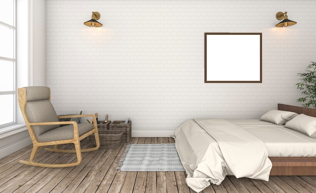 Rendu 3d beau mur de briques blanches chambre vintage