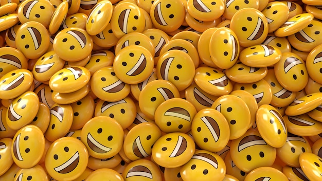 Rendu 3D de beaucoup d'émojis souriants dans des pilules brillantes