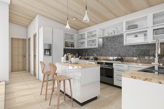 Rendu 3D belle cuisine contemporaine en bois et comptoir à manger