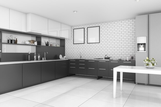 Rendu 3d belle cuisine noire de style contemporain