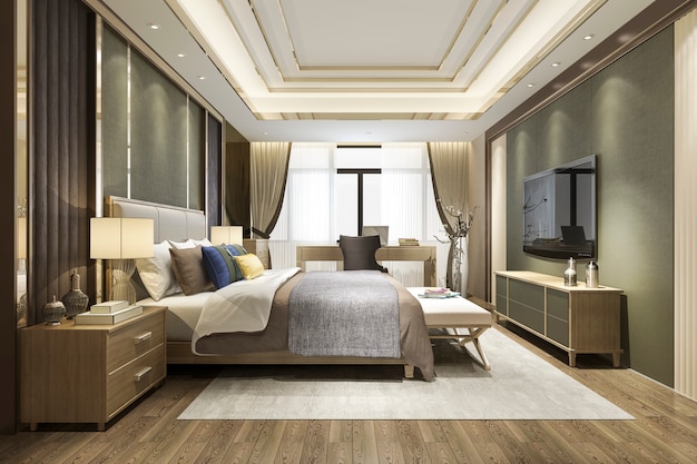 Rendu 3D belle suite de chambre asiatique de luxe minimal dans l'hôtel avec télévision