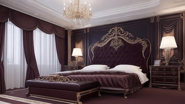 Rendu 3d belle suite de chambre à coucher classique européenne en bois foncé de luxe à l'hôtel