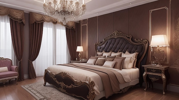 Rendu 3d belle suite de chambre à coucher classique européenne en bois foncé de luxe à l'hôtel