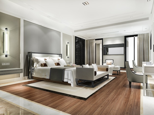Rendu 3d belle suite de chambre de luxe contemporaine dans un hôtel avec télévision et canapé