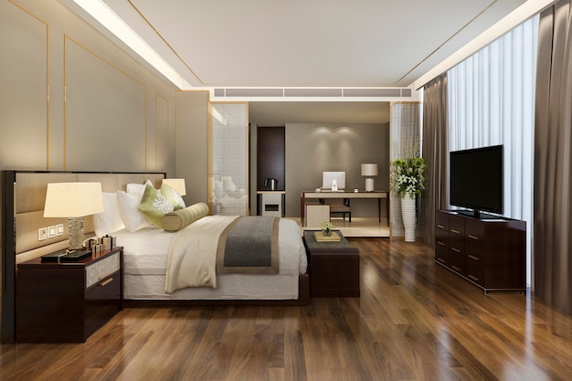 Rendu 3D belle suite de chambre de luxe à l'hôtel avec télévision et table de travail