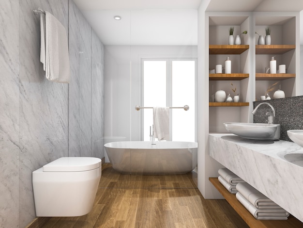 Rendu 3d belle toilette et salle de bains en bois et marbre avec construit en