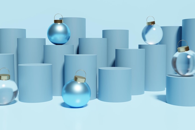 Rendu 3d de belles boules de noël bleu métallique et verre sur des podiums bleu givré sur fond bleu pastel