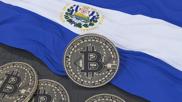 Le rendu 3D d'un Bitcoin métallique sur un drapeau salvadorien