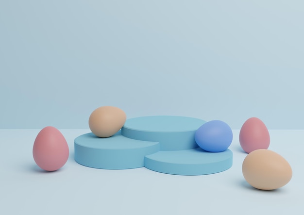 Rendu 3D bleu de la composition du podium d'affichage des produits sur le thème de Pâques oeufs colorés minimes